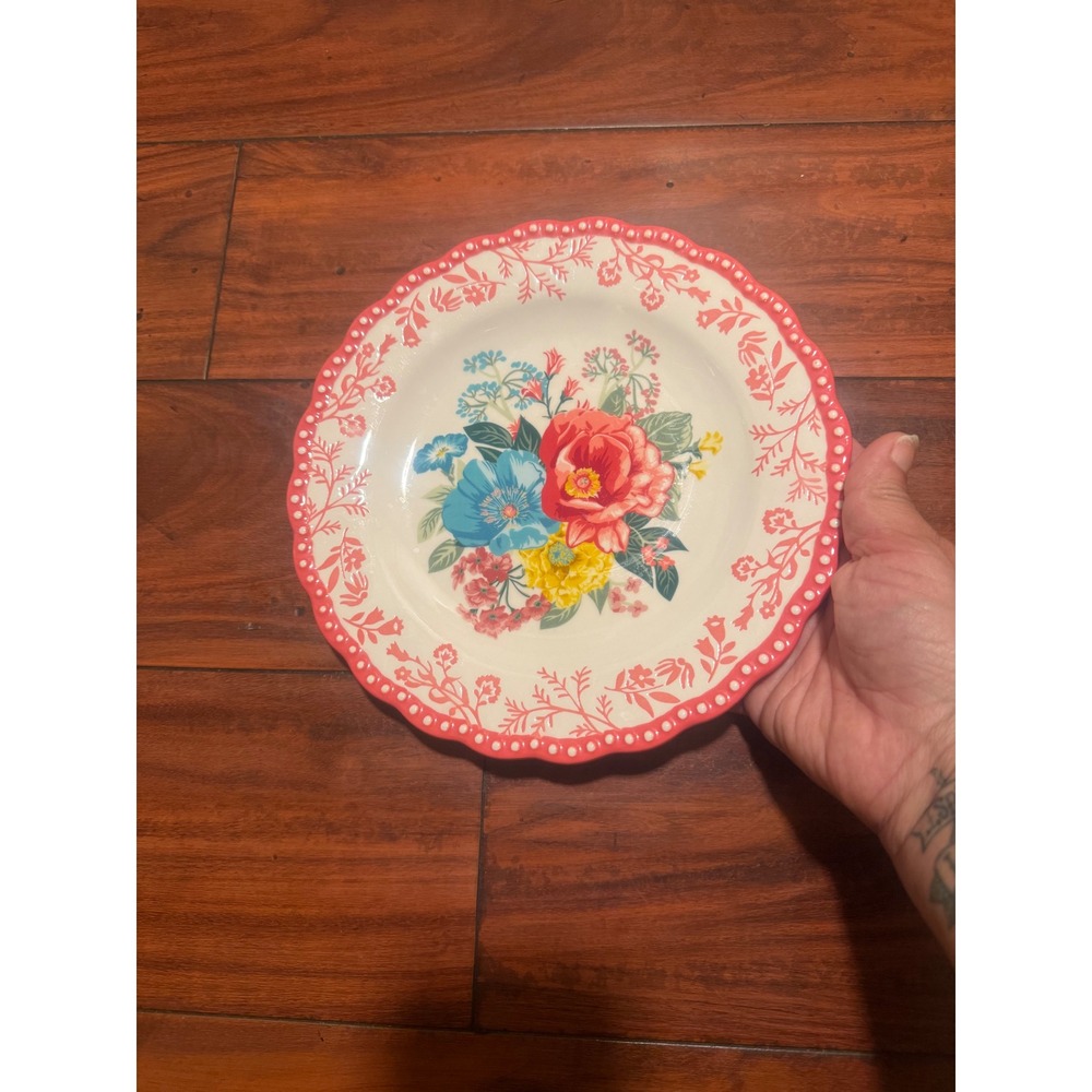 The Pioneer Woman Sweet Rose Stoneware Salad Plate Red Scalloped Floral 8.5 inch